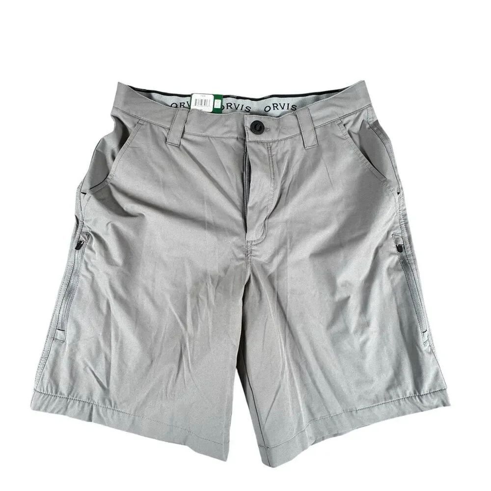 Orvis Sz 30 Men 4 Way Stretch Tech Shorts Gray Zipper Pocket Comfort Waistband